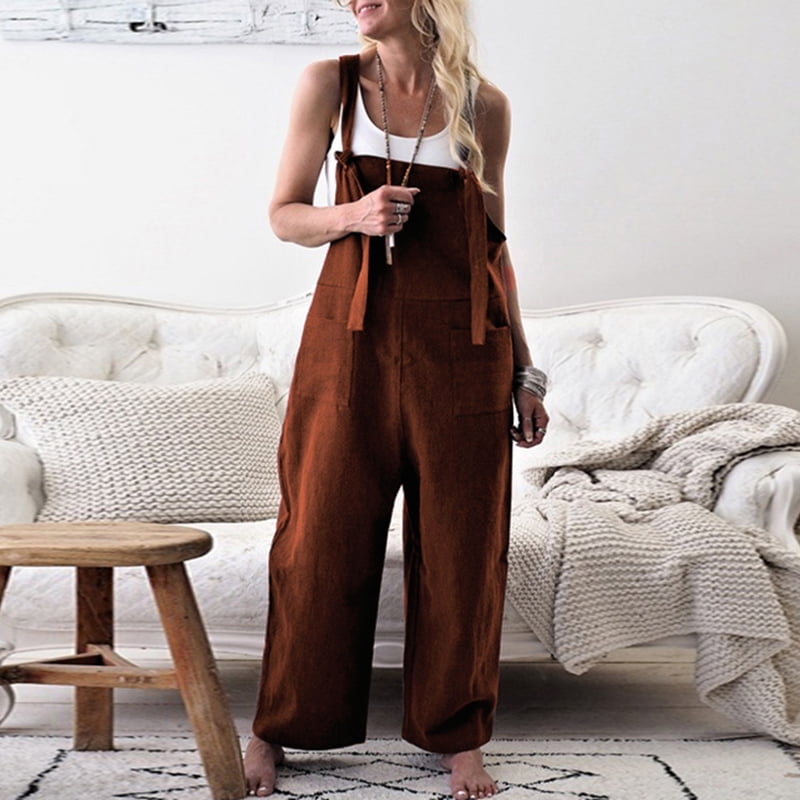 cotton and linen casual style suspender pocket jumpsuit