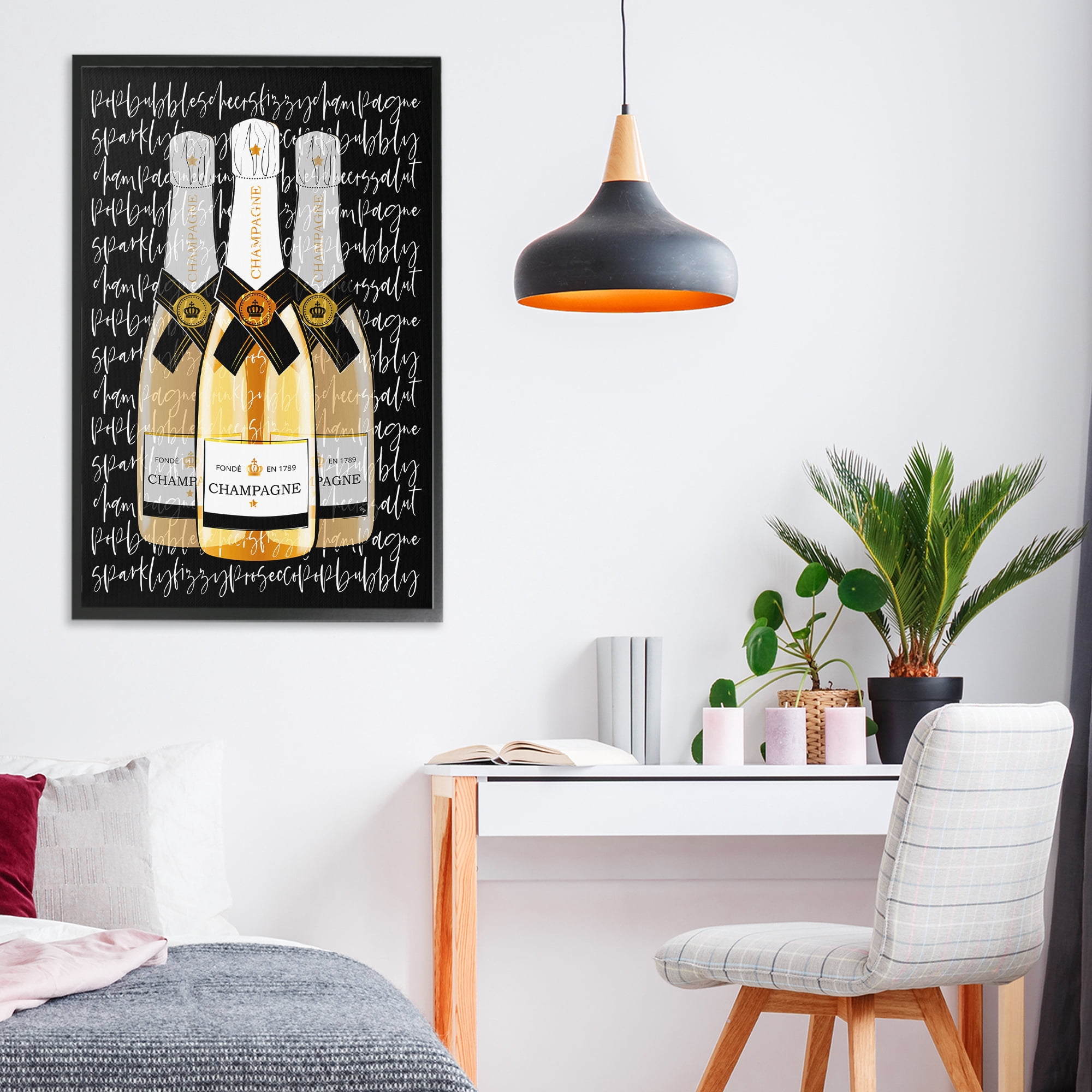 Stupell Industries Triple Champagne Bottle Love Black Framed Giclee Art, design by Martina Pavlova