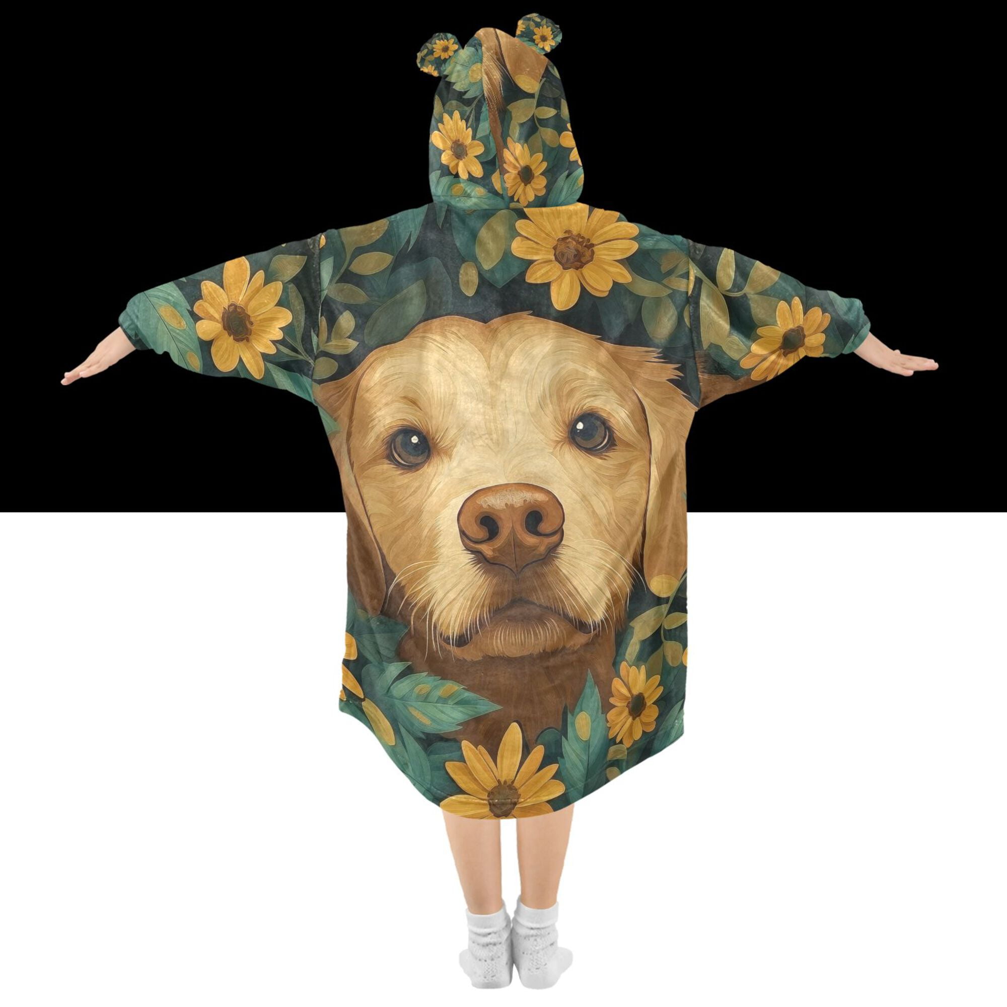 FORMRS Wearable Blanket Hoodie with Sleeves for Kids Cozy Flannel Sweatshirt, Flowers and Dog