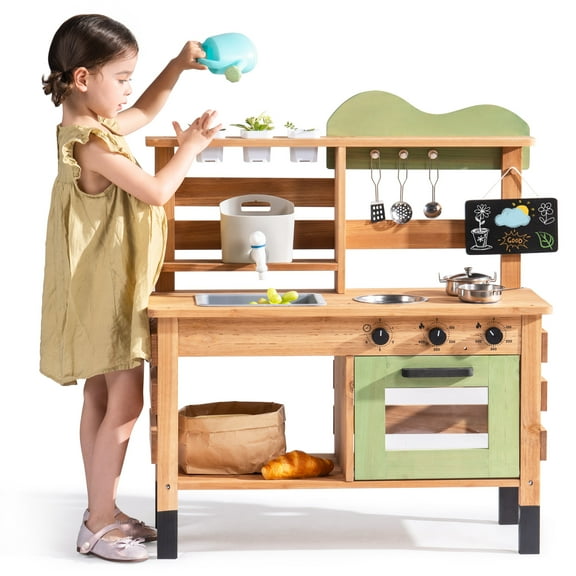 Robud Play Kitchen for Kids, Outdoor Wooden Kids Mud Kitchen Set with Removable Sink, Planting Cup, Oven, Chalkboard, Utensils & Storage, Outdoor Playset for Ages 3 , Green