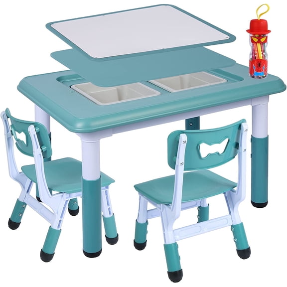 REDCAMP Double-Sided Kids Activity Table, Multi Drawing Table and Chair Set with 2 Chairs for Toddlers, Plastic Height Adjustable Play Table with Storage Bins, Blue