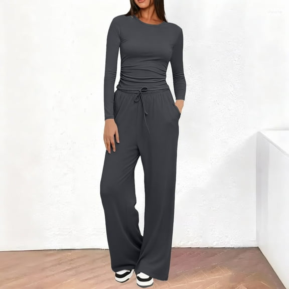 Pyhlmscde Women's Wide Leg Long Sleeve Crop Tops Matching Sets Outfits, Sweatsuits Women 2 Piece Outfit, Winter Clothes for Women, Fall Outfits for Women