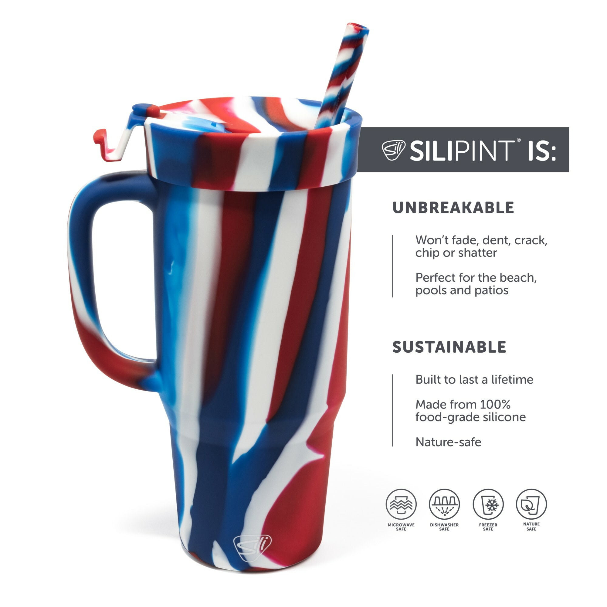 32oz Silicone Humbler W/ Lid & Straw, The Patriot (Red, White, Blue)