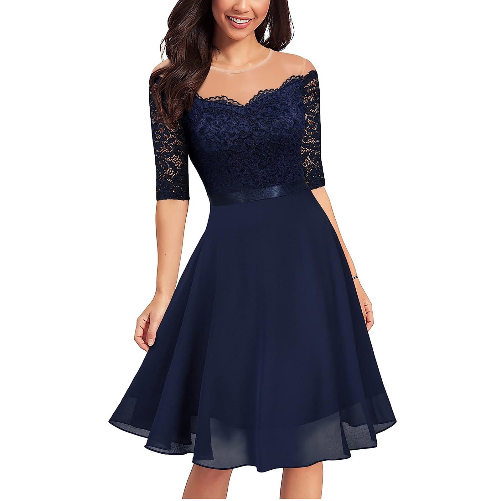 Wedding Guest Dresses for Women Mesh See Through Shoulder 3/4 Sleeve