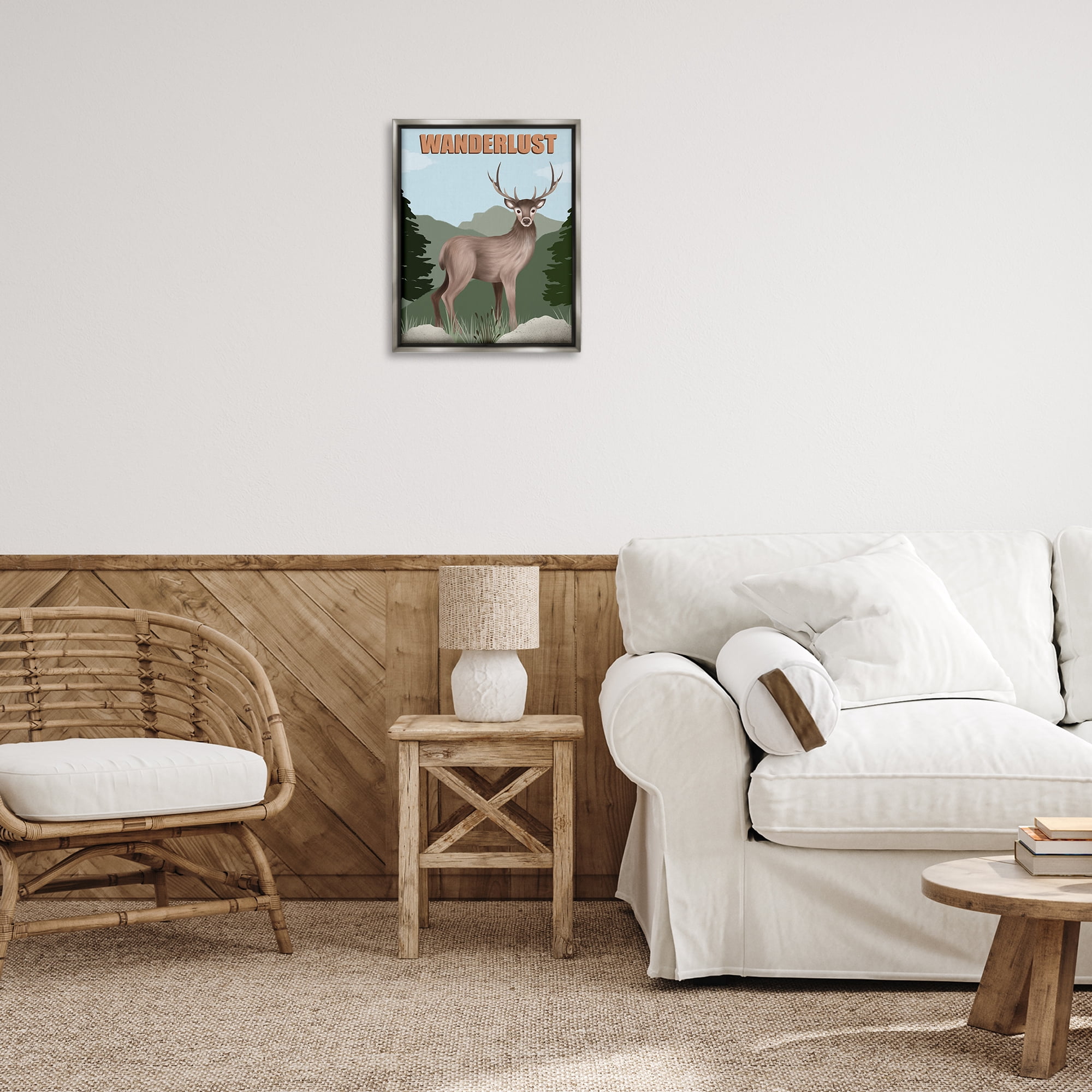 Stupell Industries Wanderlust Nature & Deer Animals Painting Gray Floater Framed Canvas Art Print Wall Art, 17 x 21