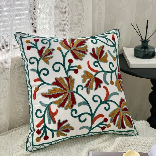 Funda de almohada de lino con bordado floral | Funda de cojín decorativa para sofá | Funda de almohada cuadrada de 45 x 45 cm con cremallera invisible | Decoración bohemia multicolor para el hogar