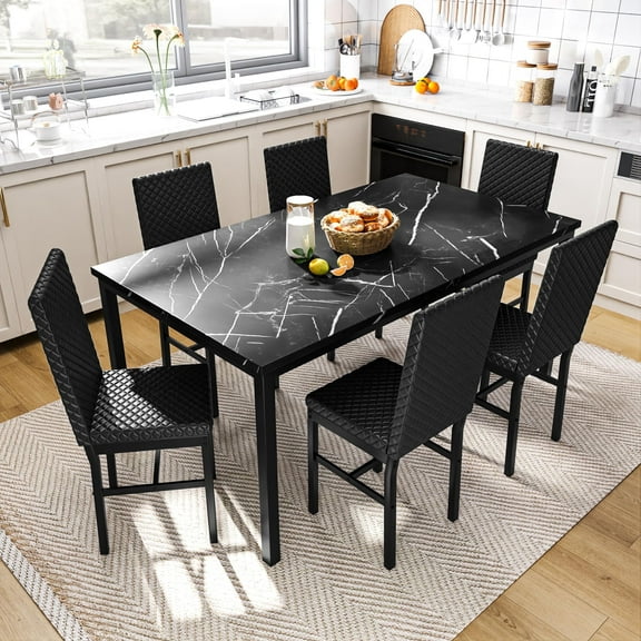 AWQM 7 Piece Dining Table Set for 6, Faux Marble Kitchen Table with 6 PU Leather Chairs, Modern Dining Room Table Set for Small Space, Living Room, Apartment, Black