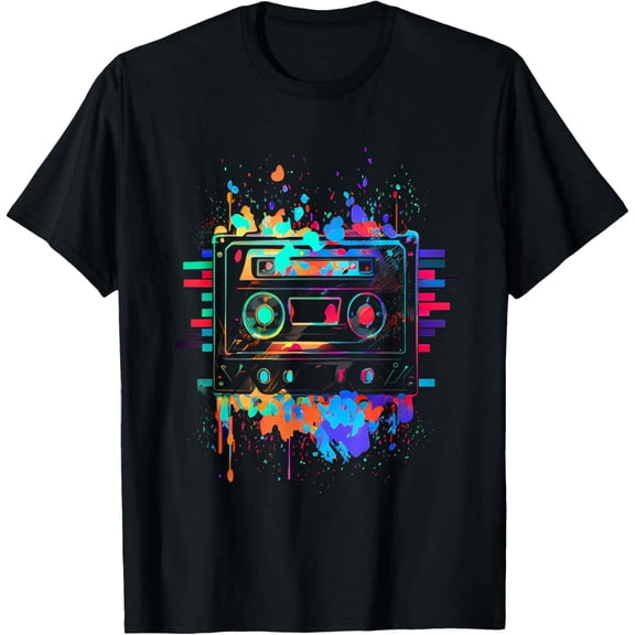 Retro 80s 90s Cassette Tape Graphic Tee Neon Paint Splatter Music Lover Vintage Style Colorful Unisex T-Shirt