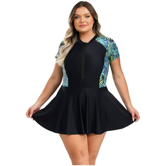 JanJean Robe de Bain pour Femmes Grande Taille Maillot de Bain une Pièce Manches Courtes Maillot de Bain à Fermeture à Glissière Maillot de Bain Modeste Noir Vert 4TG