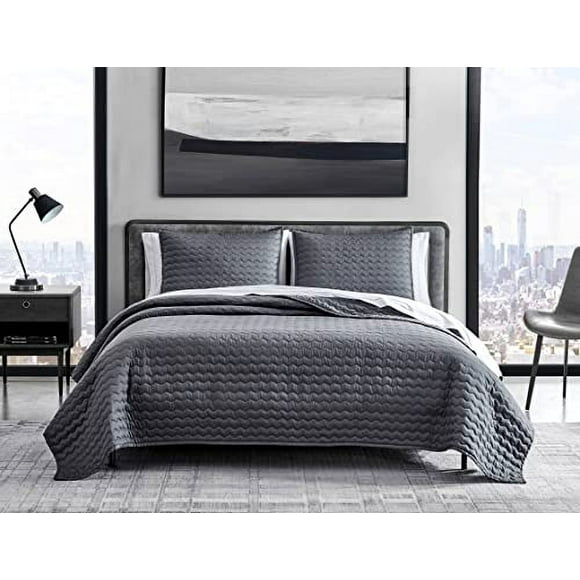 Vera Wang | Collection à Chevrons | Ensemble de Courtepointe - 100% Coton Satin, Ultra Doux et Luxueux, Literie Réversible avec Taies d'Oreiller Assorties, Grand, Charbon