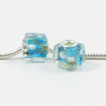 - 3 Beads - Aqua Blue Gold Foil White Dots Lampwork Glass Cube Silver European Bead Charm E0406