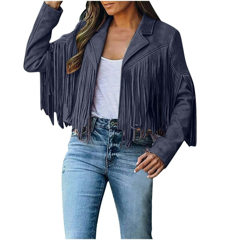 Juebong Womens Vintage Western Fringe Coat Tops Classic Suede Leather 70s  Cowboy Shirt Long Sleeve Tassels Cardigan Jackets,Navy,S