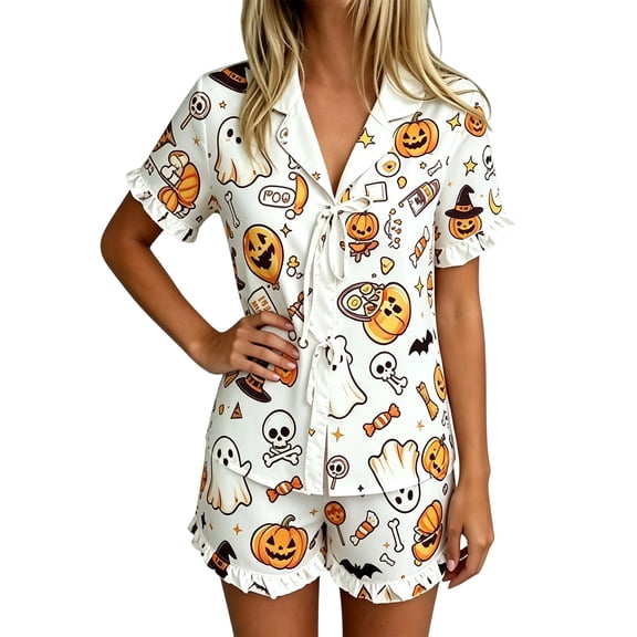 Puliio Womens Halloween Pajamas 2 Piece Ghost Print Tie Front Ruffle Short Sleeve Shirt and Shorts Cozy Loungewear Nightwear Pjs Sets
