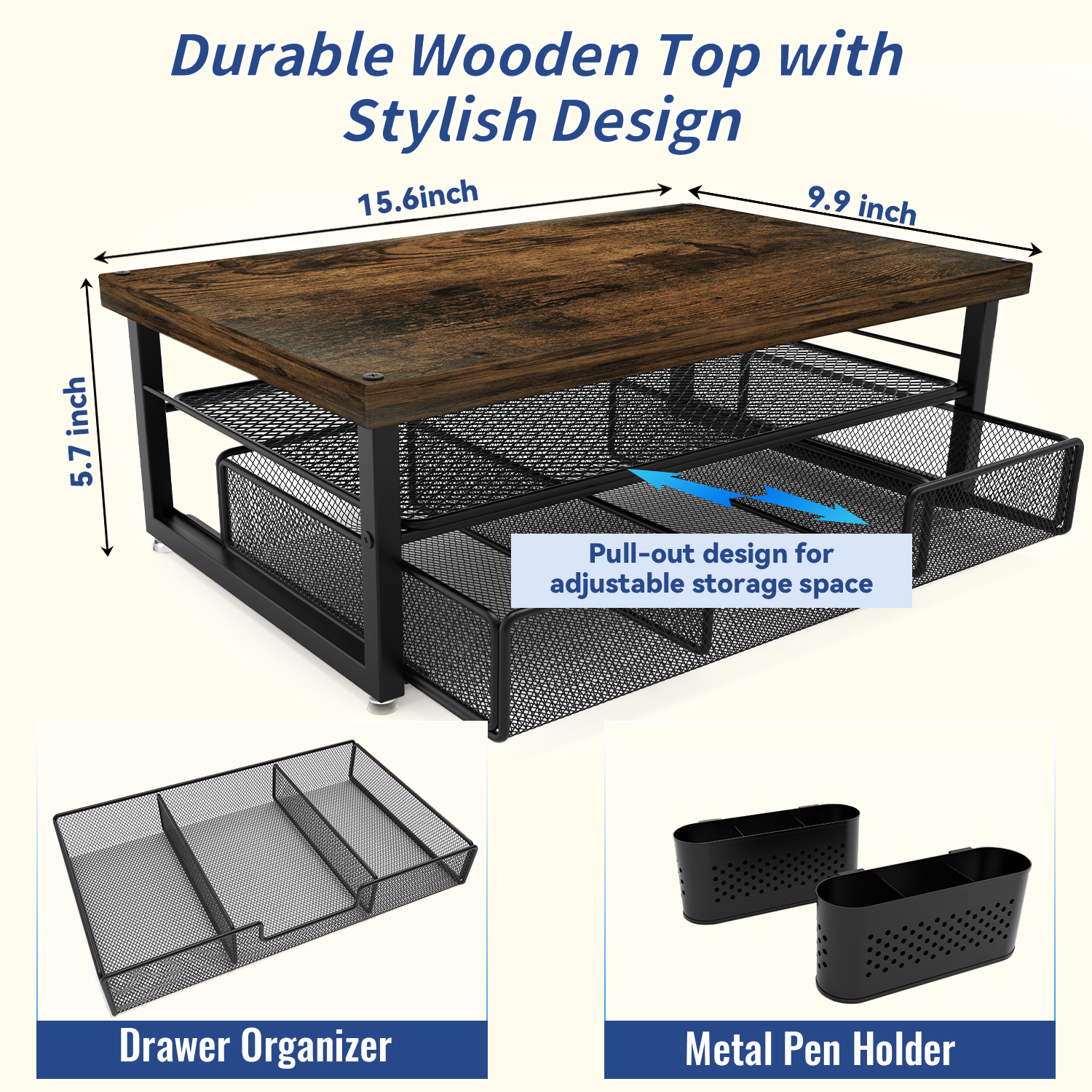MEHOOM 3-Tier Wooden Monitor Stand Riser with Drawer and Pen Holders, Desk Organizer and Accessories for Laptop, Office, Dorm Desktop Setup, Classroom Desk Accessories & Workspace Organizers