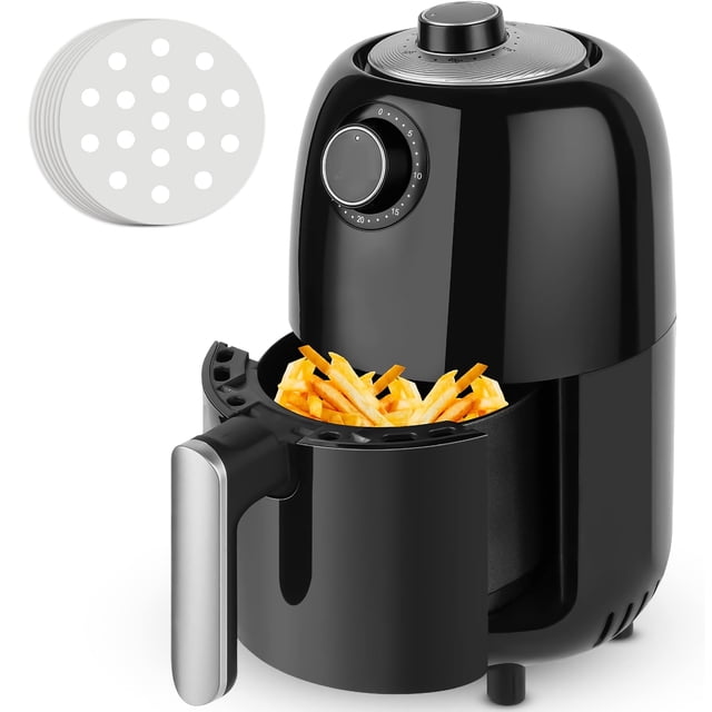 1.2L Mini Air Fryer, Compact Air Fryer with Dual Knob Control, Non-Stick, Recipe Book, 50pcs Parchment Paper Liners(Black)