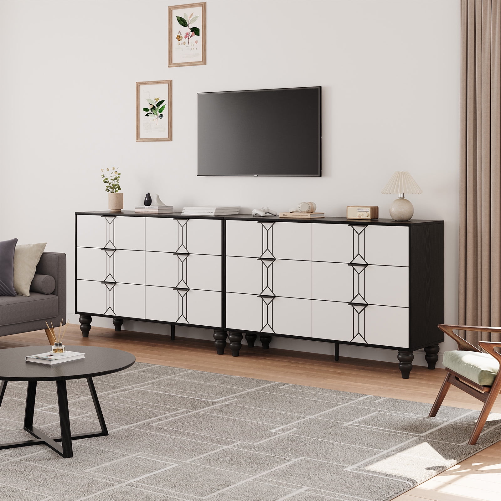 Homhougo Dresser for Bedroom 6 Drawer, Wood Organizer Storage Cabinet with Vintage Pattern Design, Chest of Drawers for Closet, Living Room, Hallway, Nursery, Kids Bedroom, Black+White