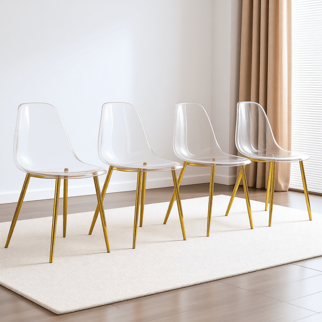 NYEESS Set of 4 Clear Transparent Dining Chairs Armless with Gold Metal Legs Modern Acrylic Side Chairs for Kitchen Dining Room