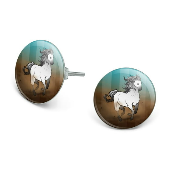 Horse Wild Mustang Running Novelty Silver Plated Stud Earrings