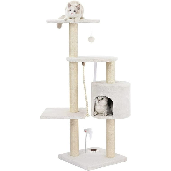 5 Layer Cat Trees with Sisal-Covered Scratching Posts, 44 Inch Activity Tree Kitty Play House Cat Condo Tower Furniture, White