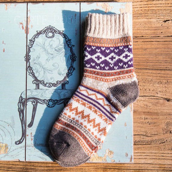 Babysbule Socks for Women Winter Warm Small Diamond Retro Ethnic Style Men's Rabbit Wool Socks