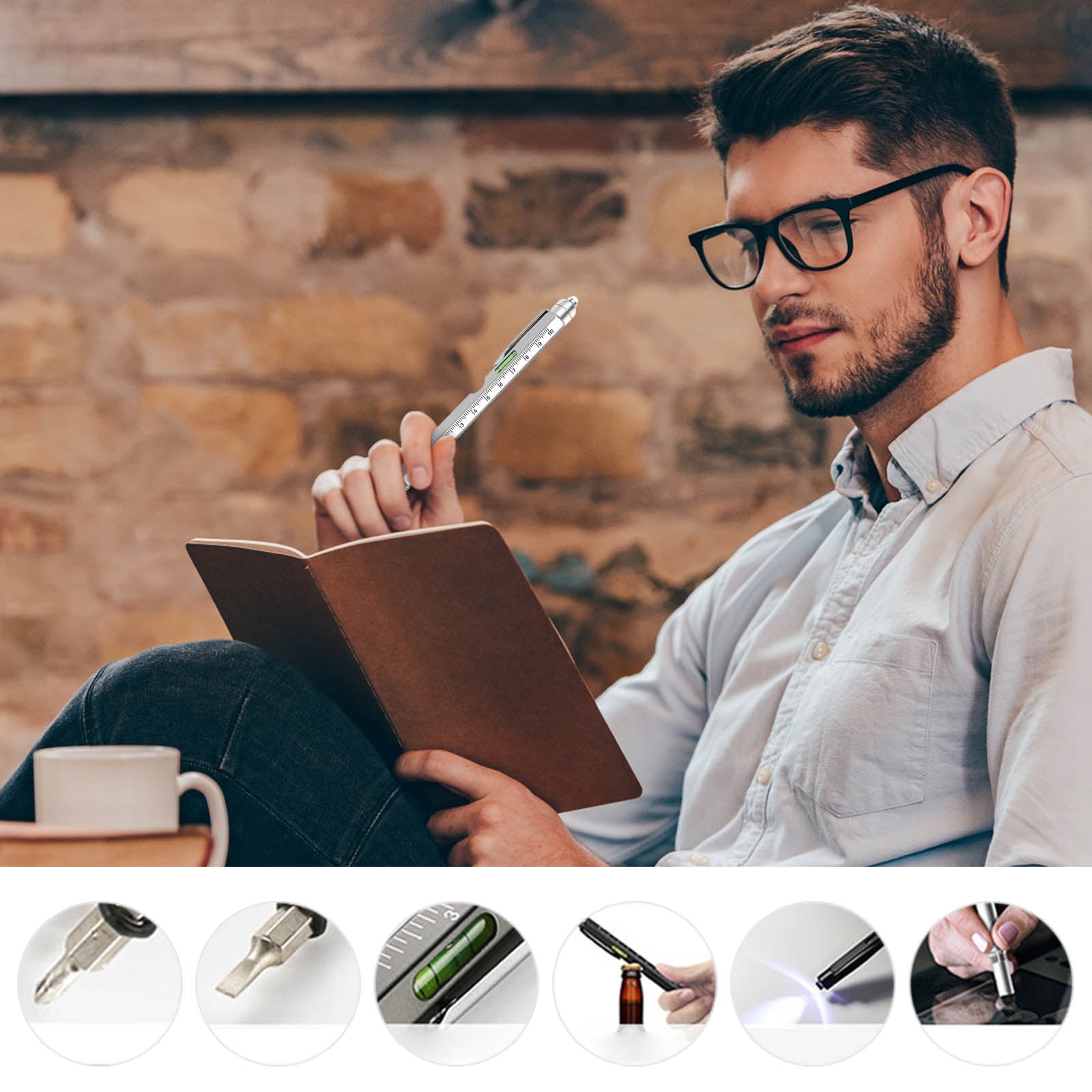 Coollooc One Pen Nine Functions -Christmas Gifts for Men, 9 in 1 Multitool Pen with LED Light, Cool Gadgets, Stocking Stuffers Gifts for Men, White Elephant Gifts for Adults(Silvery)