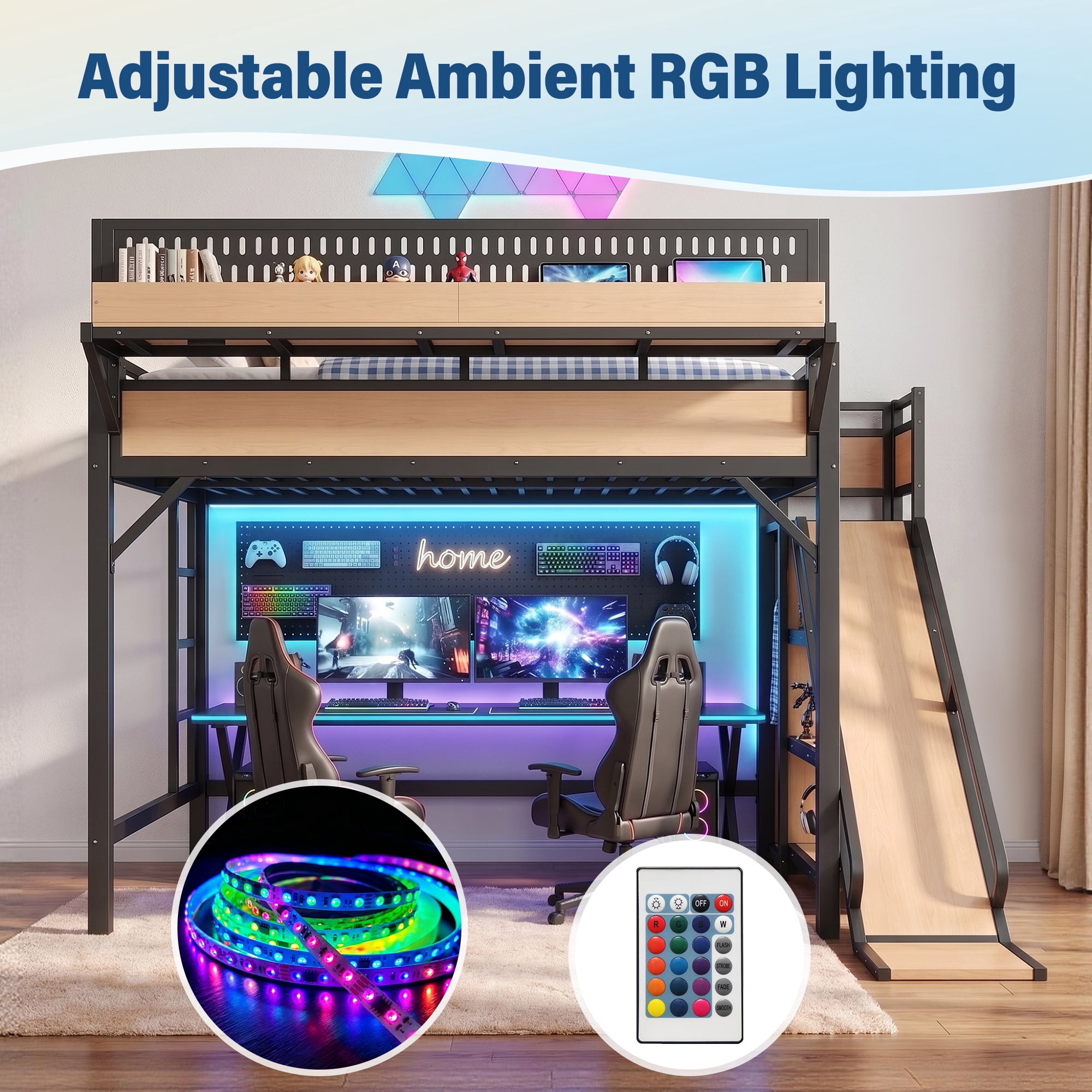 Aukfa Queen Loft Bed with Slide, Shelves, Wardrobe, USB Ports & LED Lights, Heavy-Duty Metal Bed Frame for Kids Teens Adults, Natural