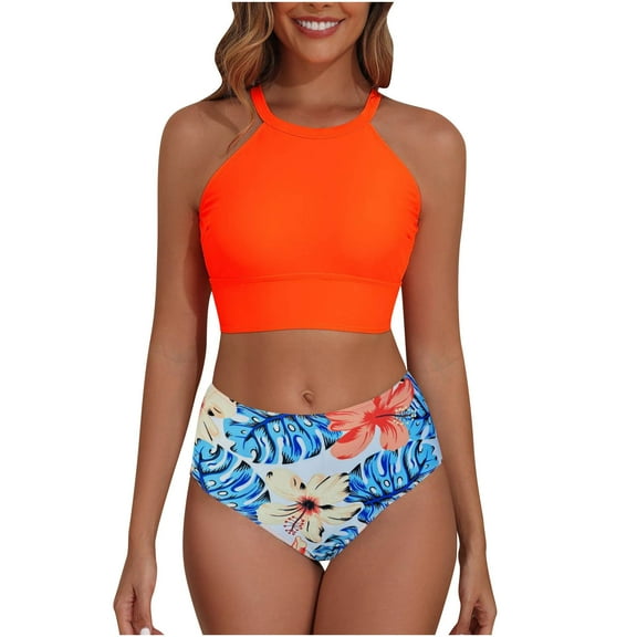 ZQUUVOU Women's 2 Piece Swimsuit High Neck Halter Bikini Top Floral Printed Bikini Set Swimsuit Swimming Vacation Orange