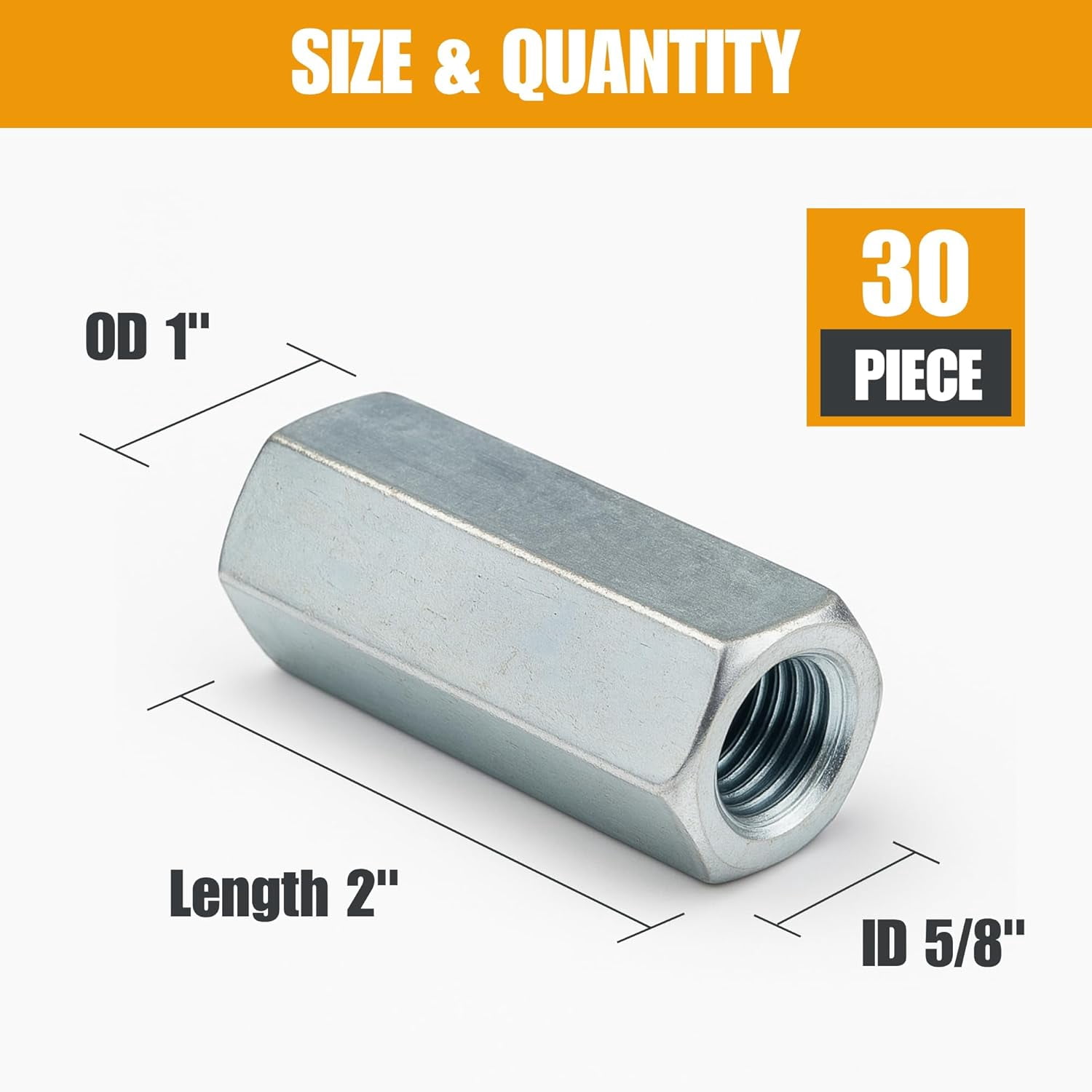 5/8-11 Hex Coupling Nut, Pack of 30, Zinc-Plated Carbon Steel Extension Rod Coupler Connector