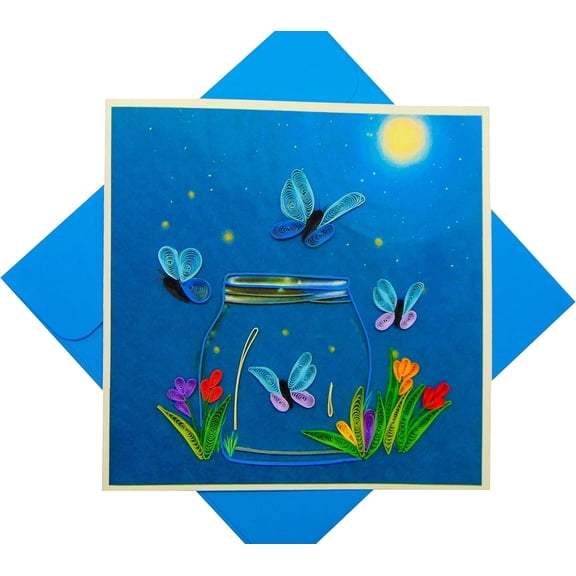 Fireflies, quilling art greeting card for birthday, valentine's day, mother's day, anniversary, thank you, get well, 6" x 6"