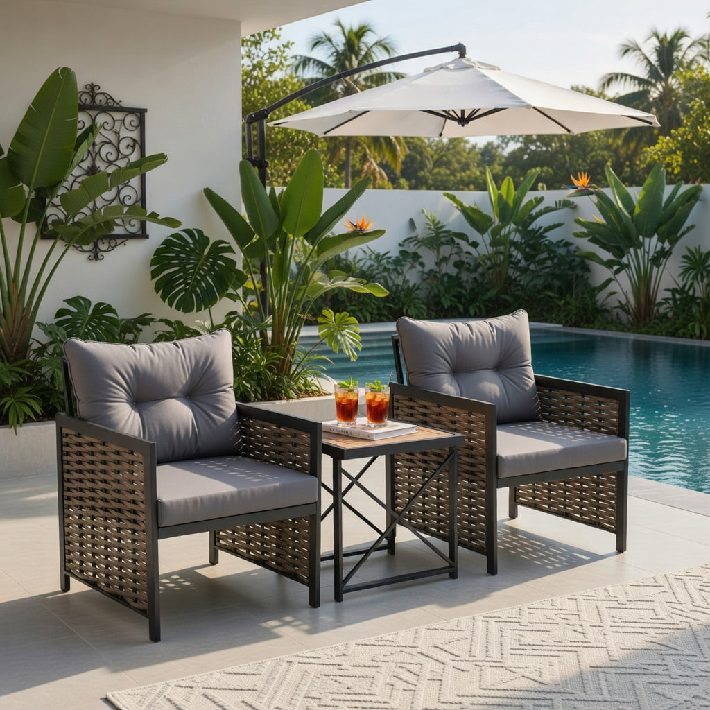 Hommoo 3-Piece Outdoor Rattan Patio Furniture Set – 2 Armchairs + Coffee Table with Acacia Wood Top, Rust-Resistant Black Metal Frame, Gray