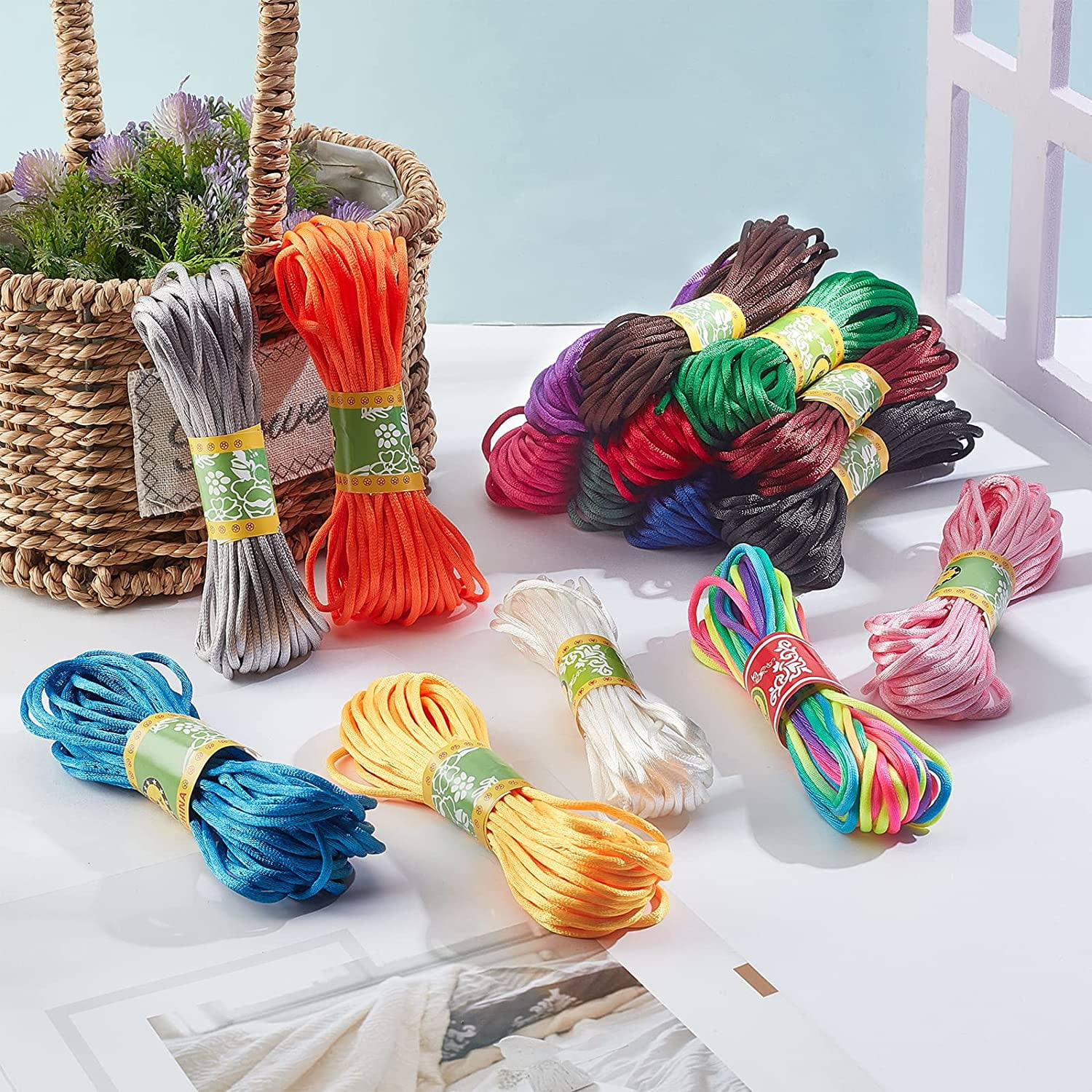 3mm Satin Nylon String 16 Colors Rattail Silk Cord 160 Yards Silk Bracelet String Beading String for Friendship Bracelet Necklace Chinese Knot Macramé Trim Dream Catchers Braid Hair Colorful