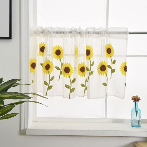 Wear Rod Daisy Embroidery Short Curtain Pastoral Shade Kitchen Curtains Half Curtain Short Panel Drapes 19x59" Yellow 19.7x59.1"