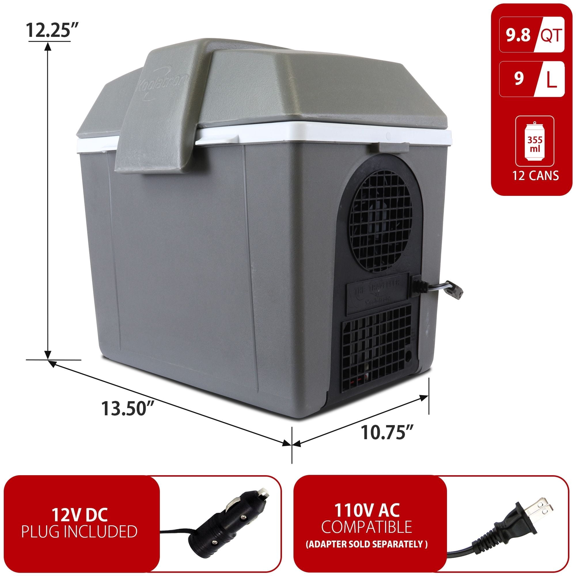 Koolatron 12V Electric Cooler/Warmer 9L (9.8 qt), Adjustable Strap, Gray