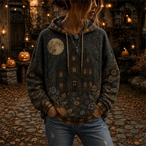 Hoodies for Women Vintage Witchy Halloween Graphic Pullover Sweatshirt Long Sleeve Drawstring Hoodie Loose Casual Fall Holiday Top Gray M