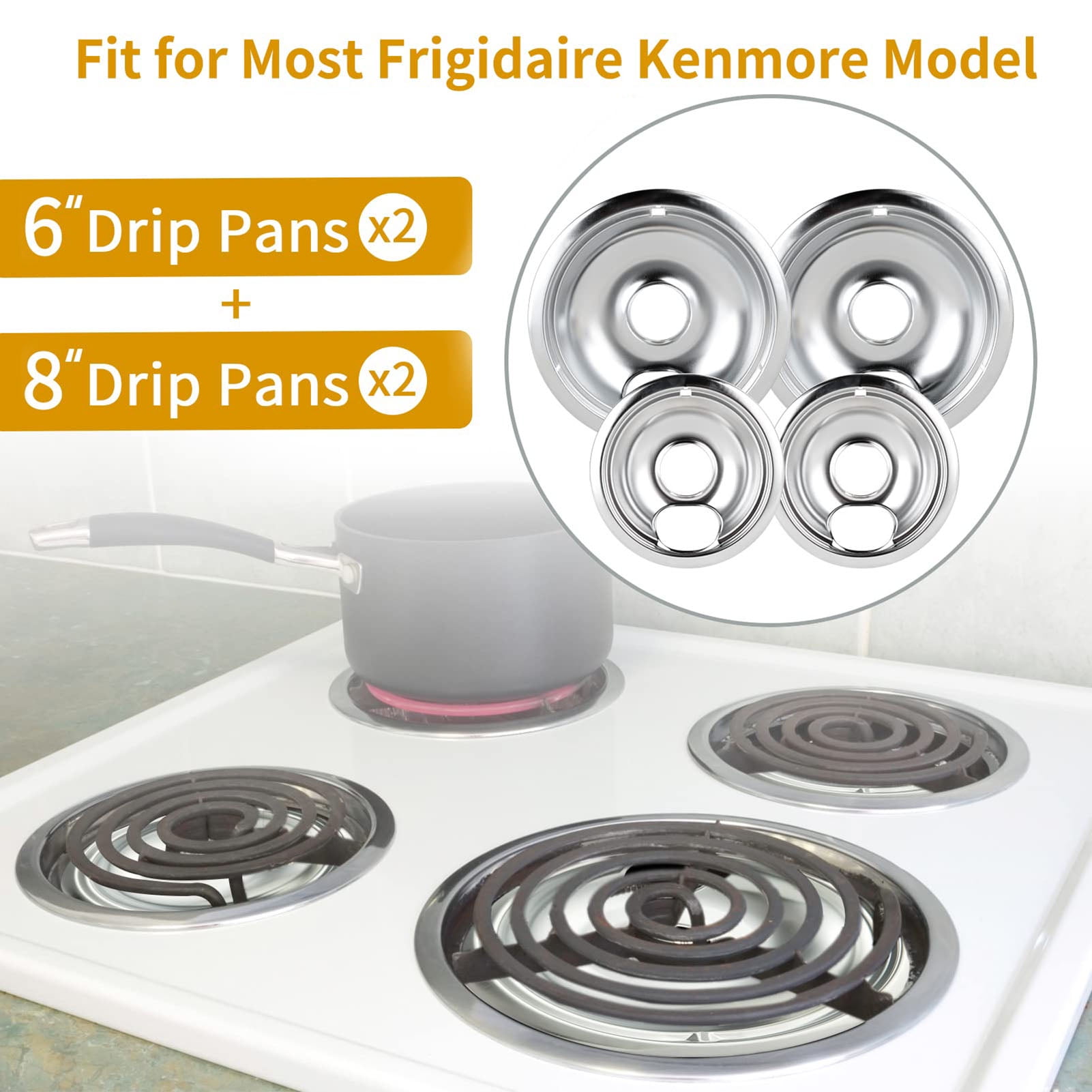 Ludlz 4Pcs 6/8-Inch Cooktop Drip Pan Round Electric Stove Top Burner Chrome Filter Tray Holder Replacement Kitchen Supplies