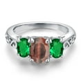 thumbnail image 3 of Gem Stone King 925 Sterling Silver Red Tiger Eye and Green Nano Emerald Filigree Style 3 Stone Ring for Women (2.05 Cttw, Oval 8X6MM and 6X4MM) (Size 7), 3 of 6