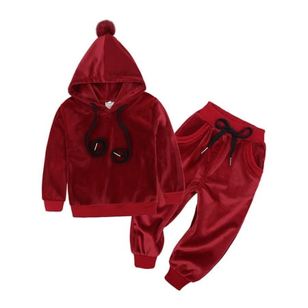 

EHTMSAK Infant Baby Toddler Children Girl Boy Pullover Hoodie and Pants Set Velvet Outfits Long Sleeve Clothing Set Red 9M-7Y 90