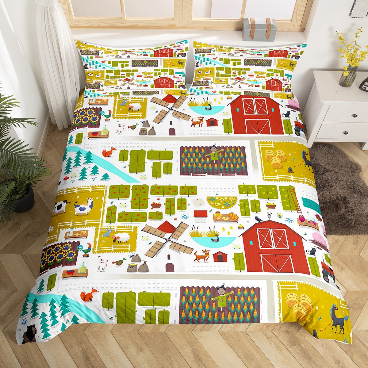 Farm Animals Bedding Set Twin, Cartoon Truck Tractor Comforter Cover