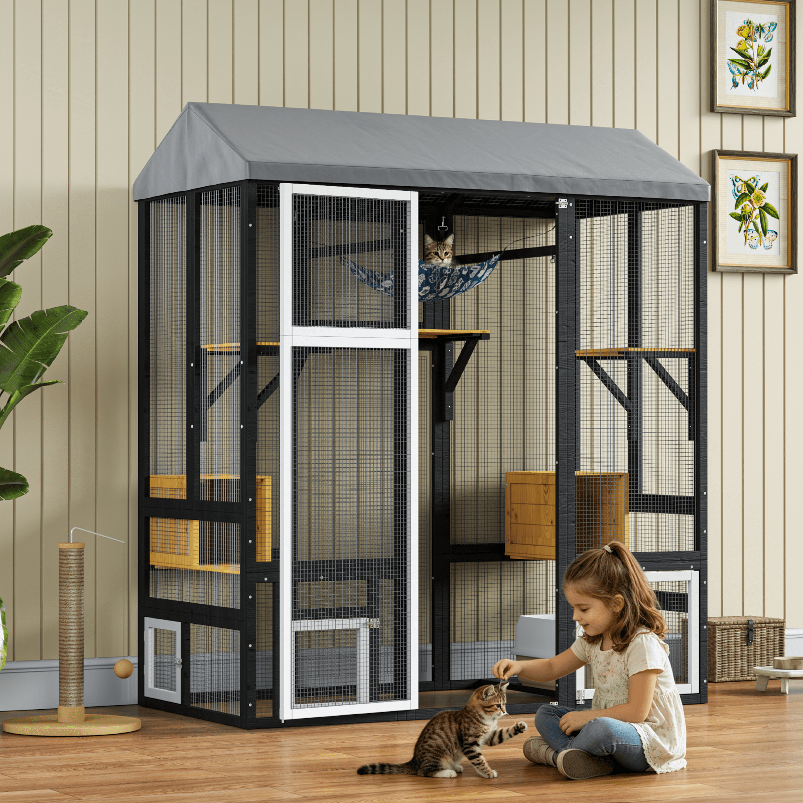 TIMHAKA 71'' Catio Outdoor Cat Enclosure, Large Cat Catio with Window Access, Hammock, 7 Platforms and 2 Resting Box, Black