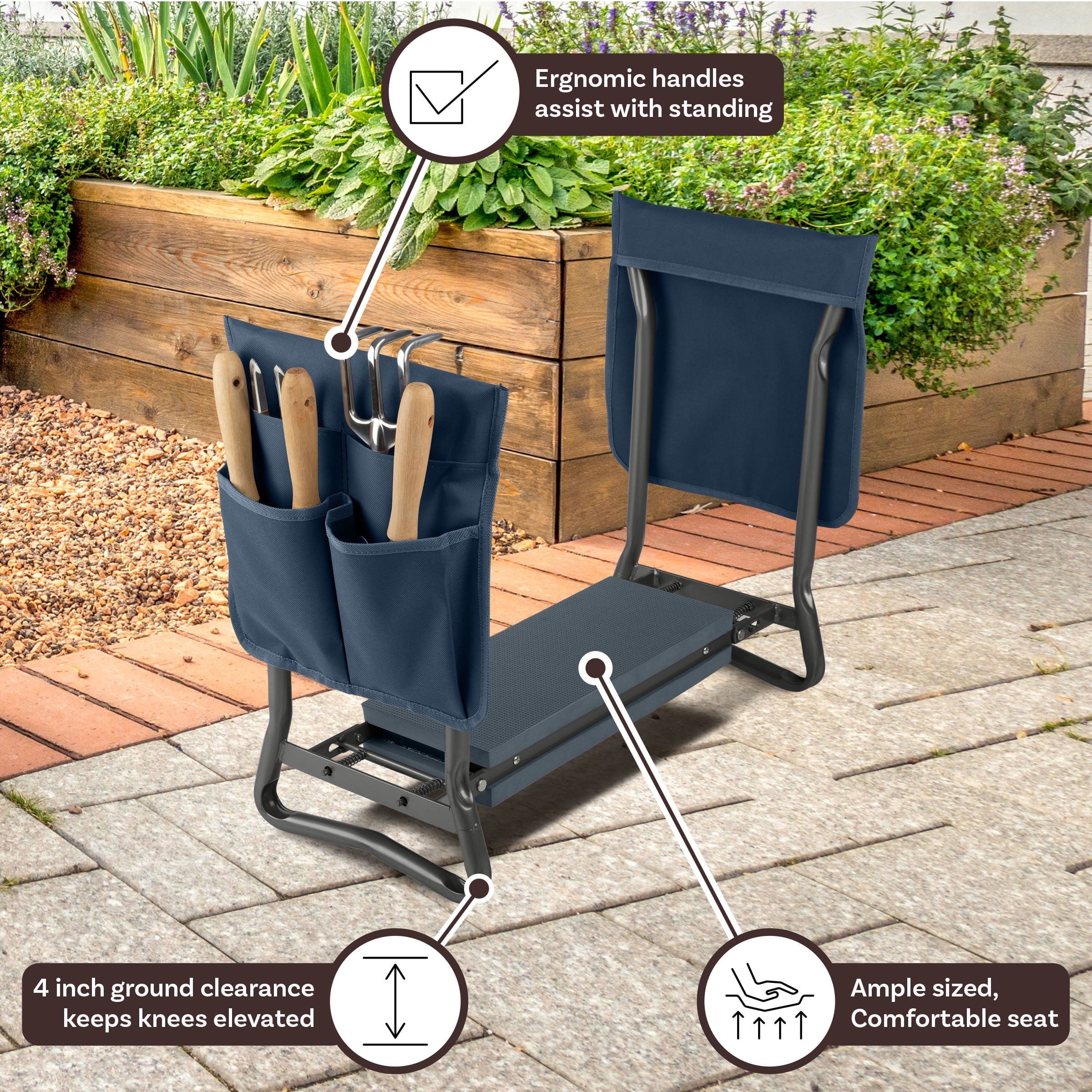 Pure Garden 2-in-1 Garden Kneeler & Stool – Folding Bench with EVA Pad & Tool Pouches, Navy Blue