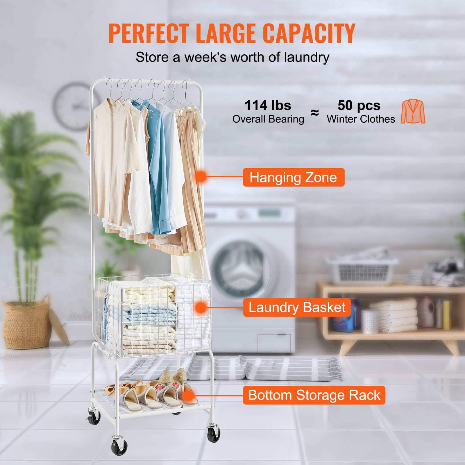 KFFKFF Laundry Cart, Laundry Basket with Wheel and Adjustable Clothes Hanger, Height Adjustable Laundry Butler with Basket