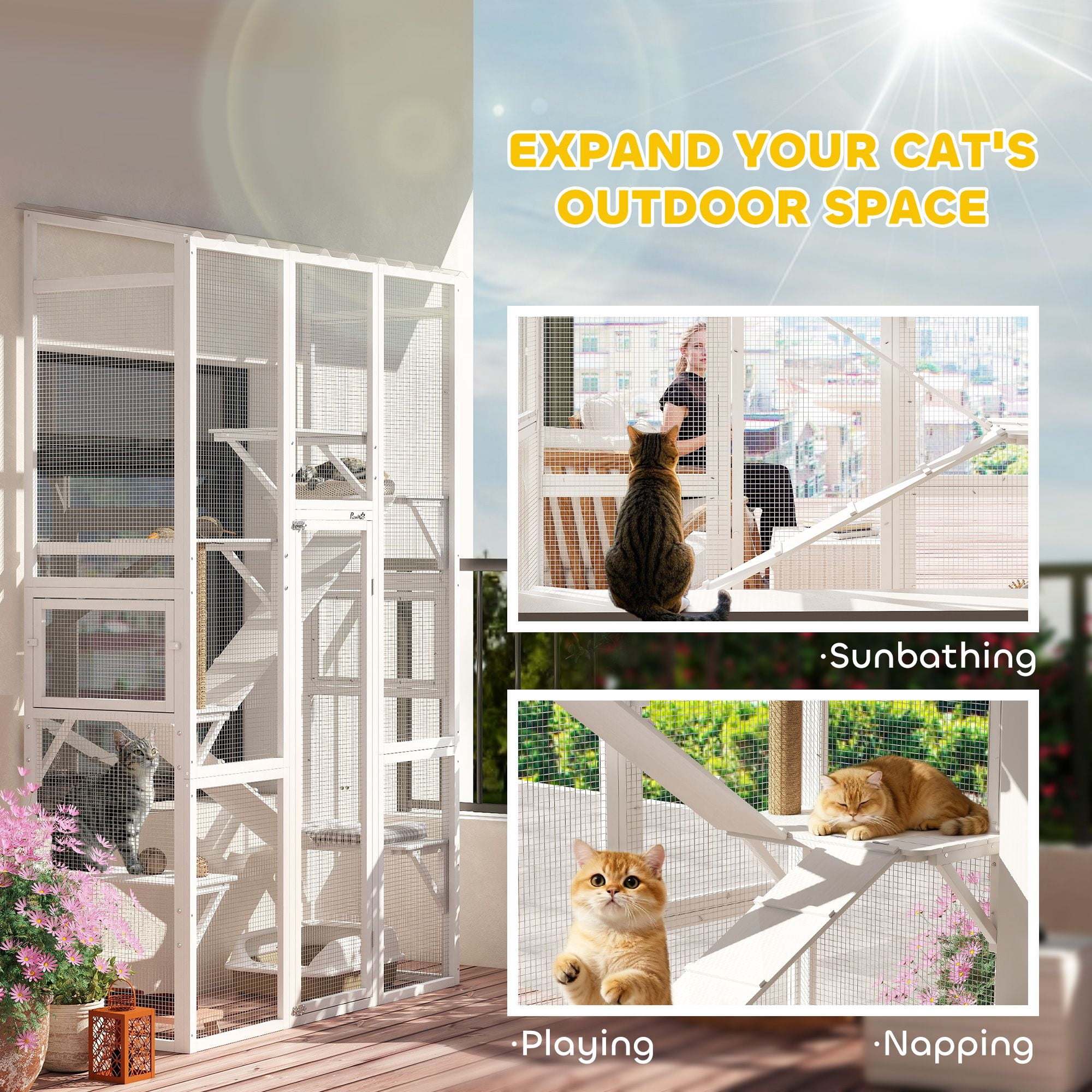 Dranite Wooden Cat House Outdoor, Catio with 2 Ramps & Jumping Platforms, for 2-3 Small Cats