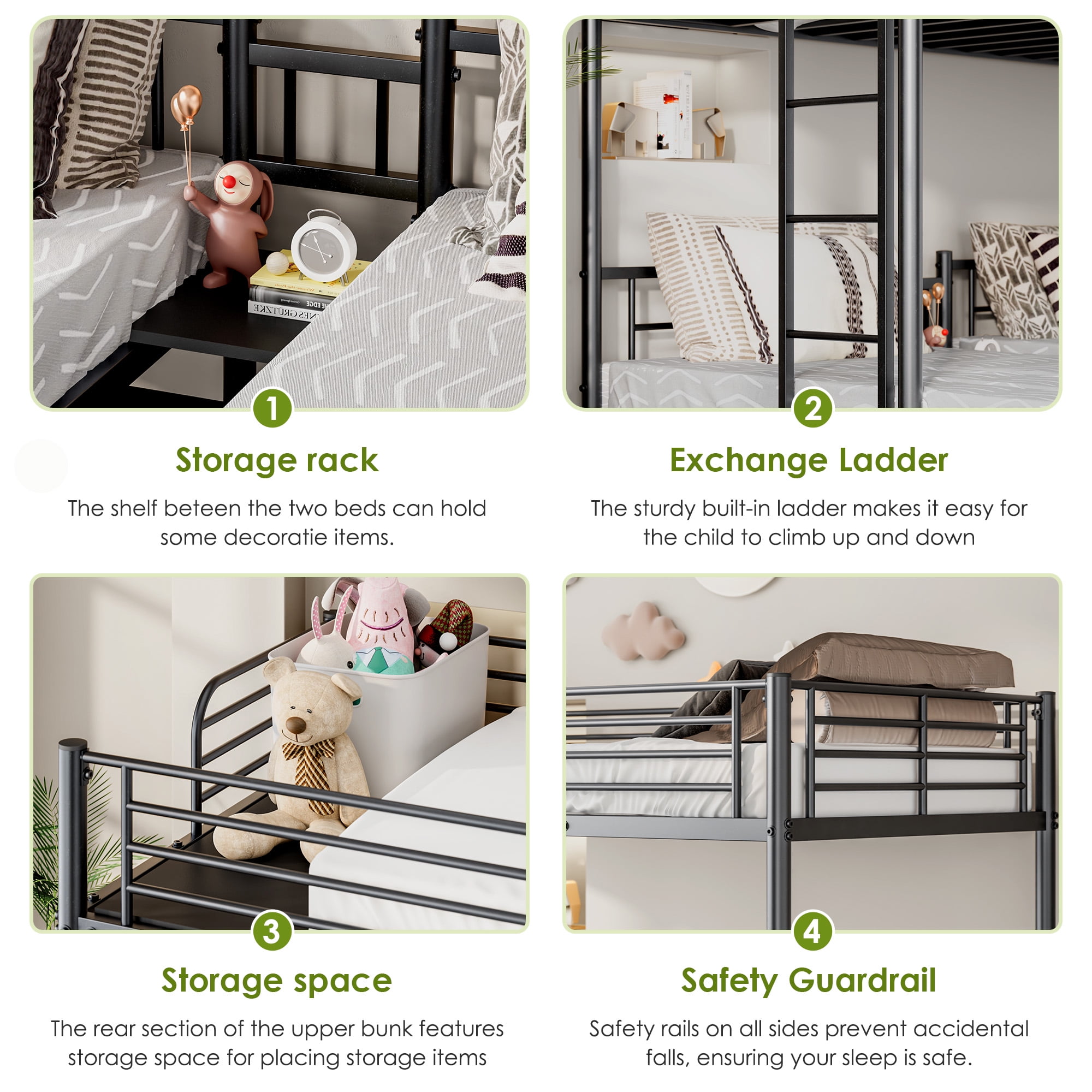 Leumius Metal Triple Bunk Bed Twin XL Over Twin Over Twin,Heavy Duty Triple Bunk Bed Frame for 3 Kids/Teens,Metal Bunk Bed Frame w/Under-bed Storage, No Box Spring Needed,Black
