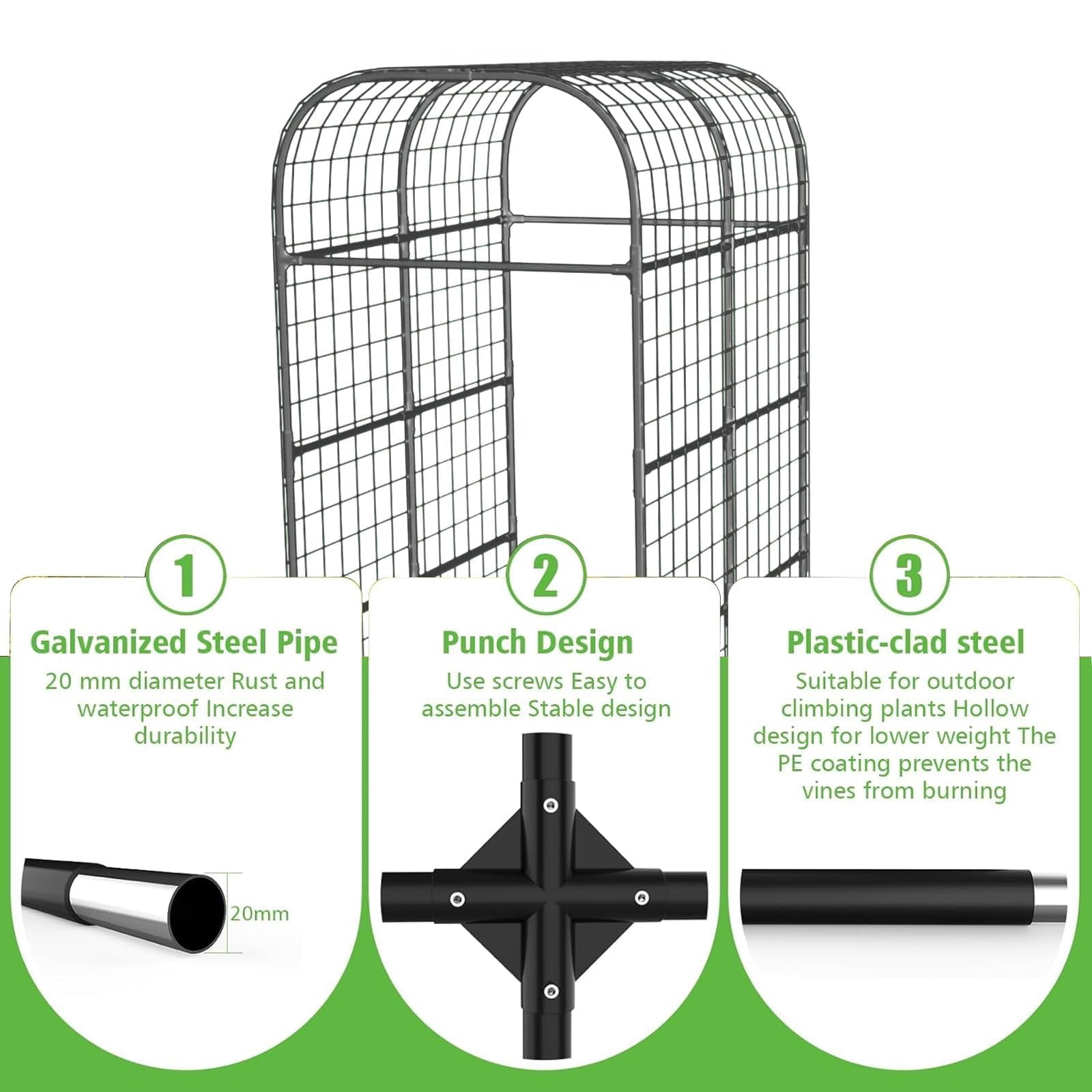 7.3Ft Black Metal Garden Arch Trellis, Climbing Plant Support Frame for Raised Vegetable Bed