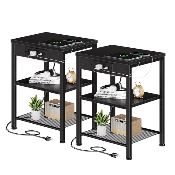 CONCETTA 3 Tier Nightstands with Charging Stations, Set of 2, Bedside End Tables for Bedroom Living Room, Black