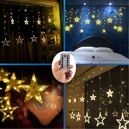 Camp Lights String 4 x AA Batteries Operated Curtain Lights with Remote,138 LED 12 Star Window Wall Icicle String Lights,8 Mode,Timer,Dimmable,Ideal for Outdoor Wedding Birthday Bar Camping Barbecue Party Decoration ()