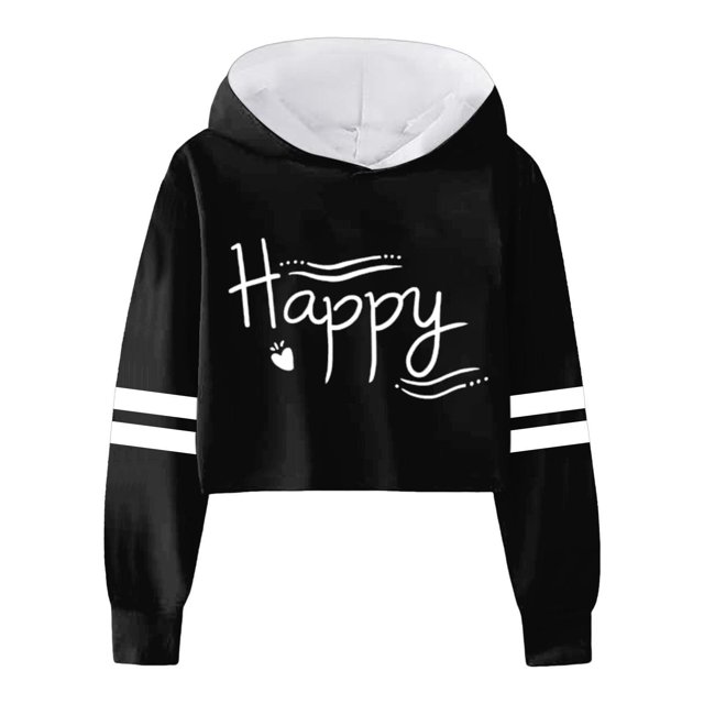 FAOWME Child Girls Long Sleeve Letters Solid Color Crop Sweatshirt Hoodie Pullover Tops For Kids Black 4-5 Years