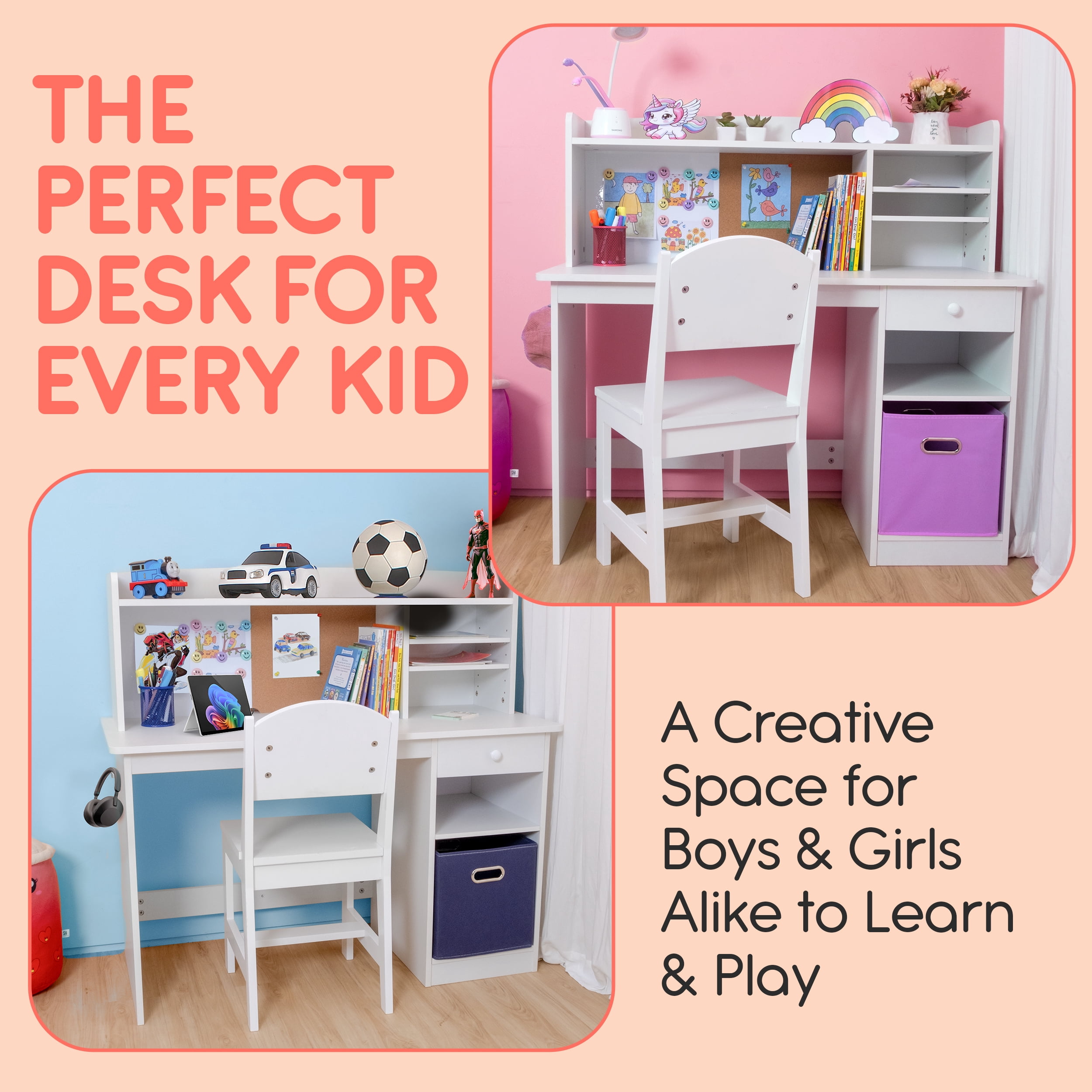 HappyHomePicks Wooden Kids Study Desk and Chair Set with Hutch and Storage, White