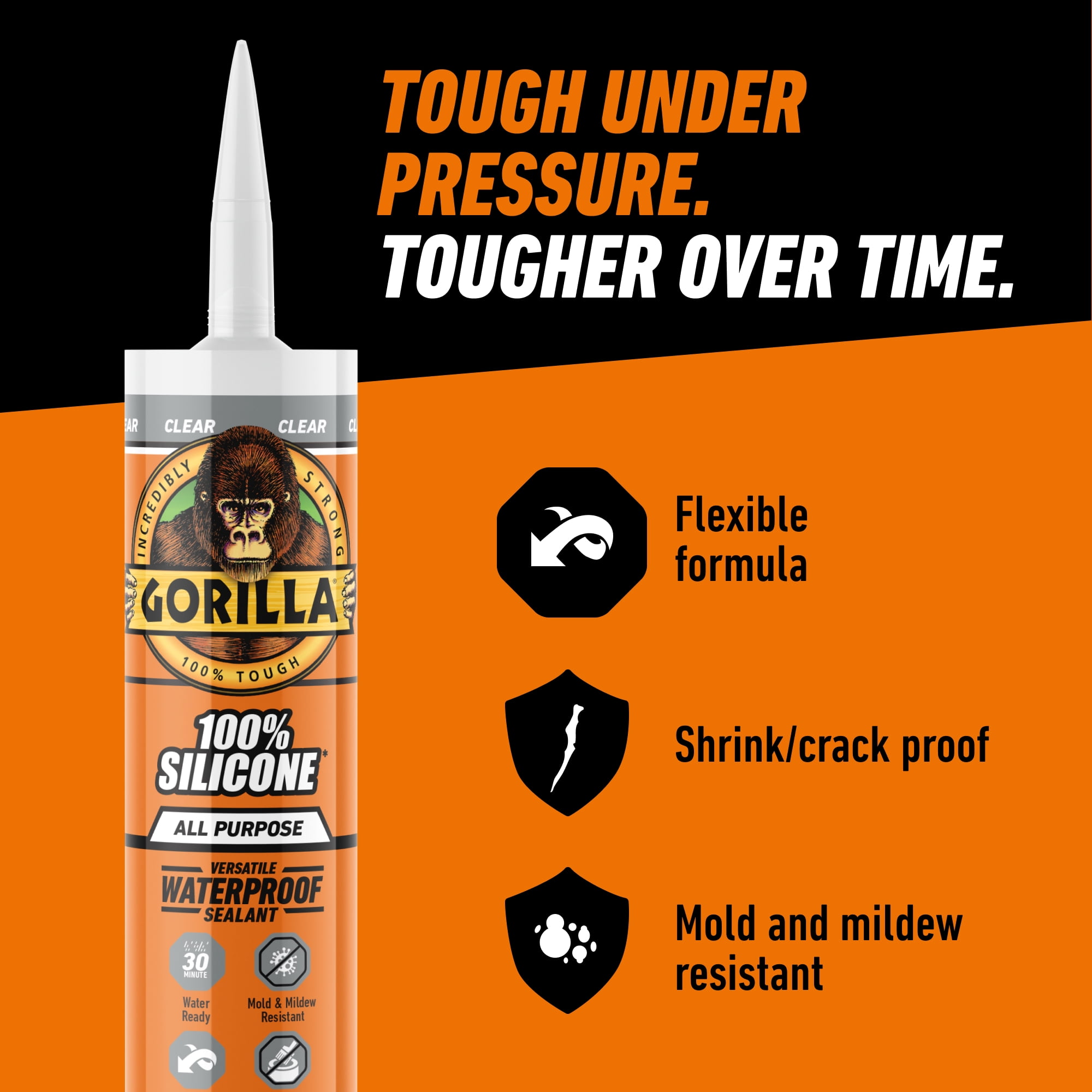 (2 pack) Gorilla Waterproof Caulk & Seal Silicone Sealant, 10oz Cartridge - Clear Caulking Sealant for Kitchen, Window, Bath, Marine, Door and More