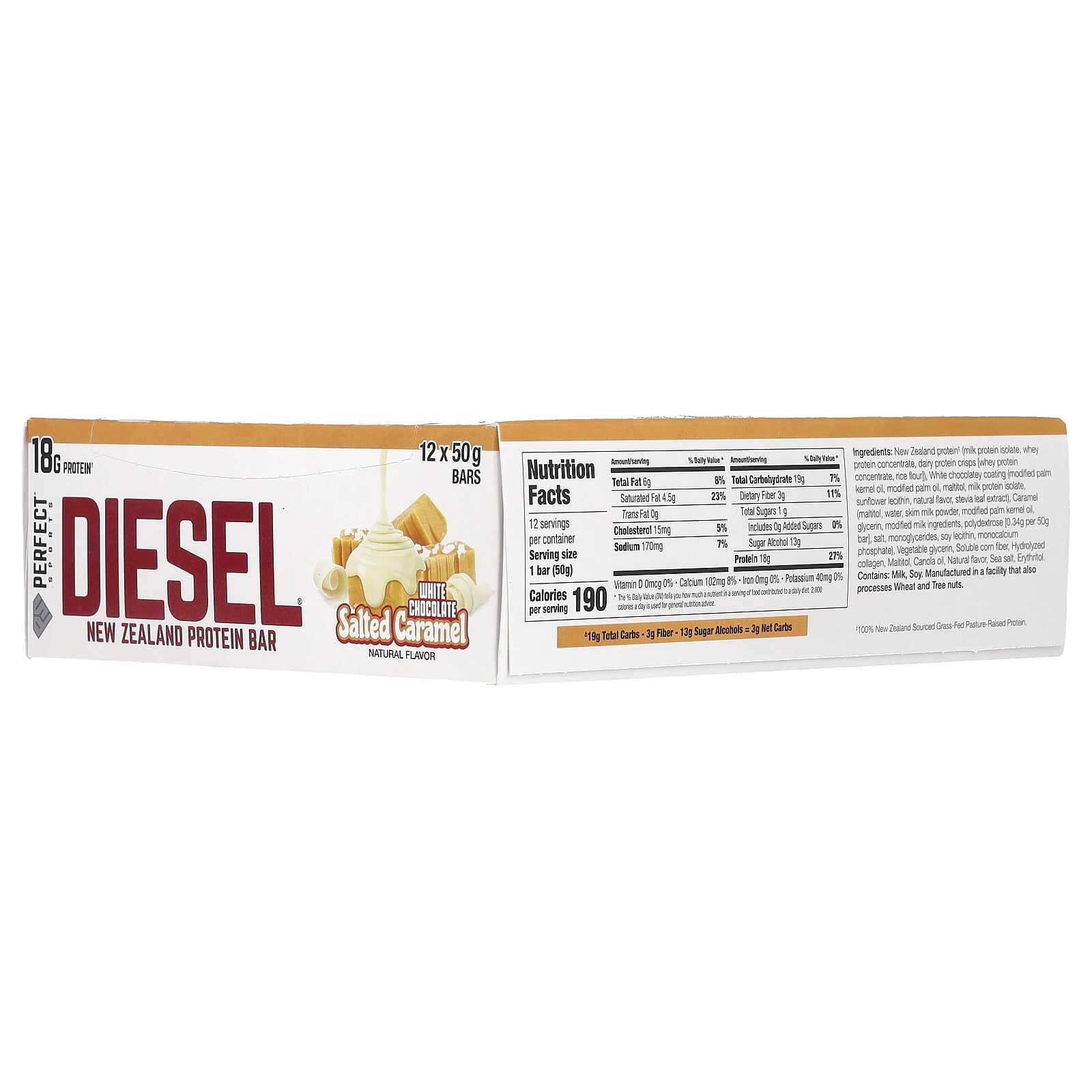 PERFECT Sports Diesel, New Zealand Protein Bar, White Chocolate Salted Caramel, 12 Bars, 50 g Each